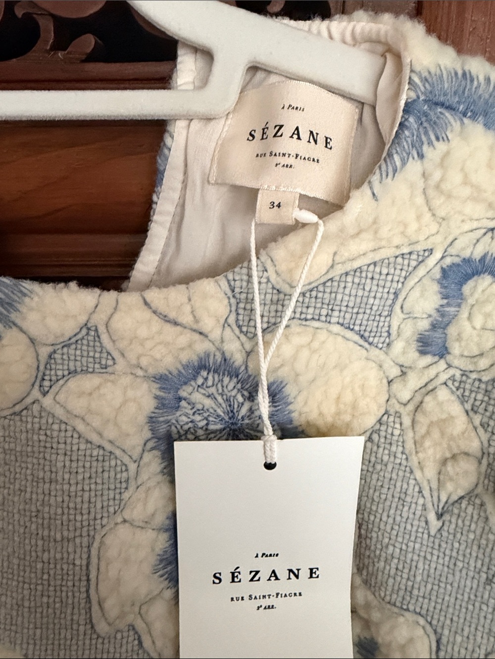 Sezane Cream and Blue Floral Teddy Jacket - Picture 2 of 3